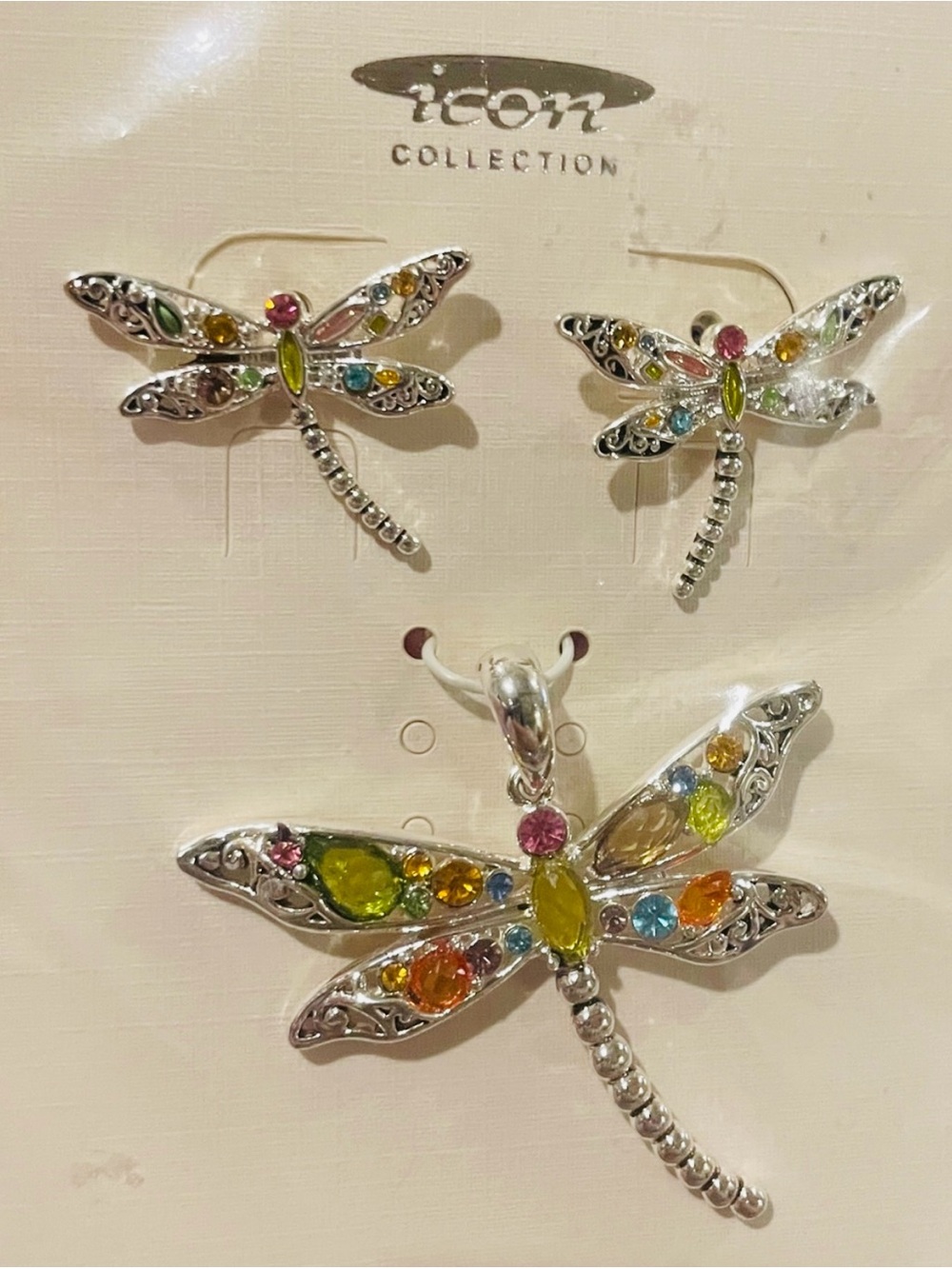 Icon Collection Silver Dragonfly Jewelry Set with Multicolored Stones